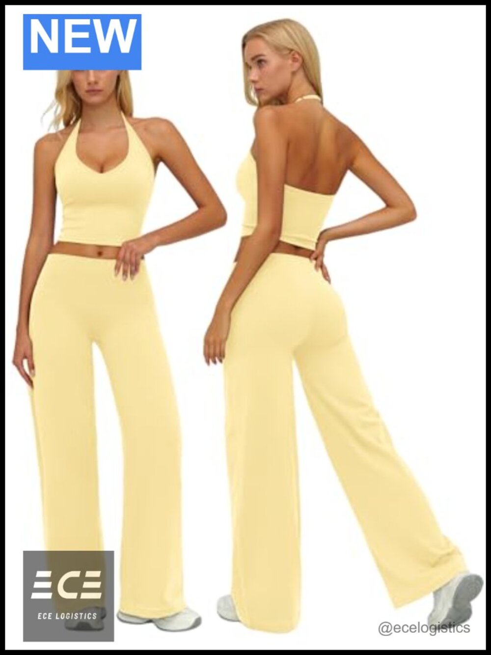Two Piece Workout Set Halter Tank Top Wide Leg Yoga Pants Activewear
